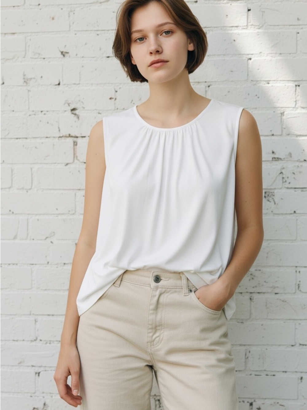 Liverpool Sleeveless Gathered Neck Tank Top – White – Size Medium